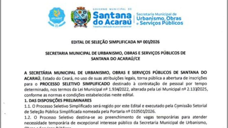Secretaria de obras de Santana do Acaraú lança edital de seleção pública; confira o edital